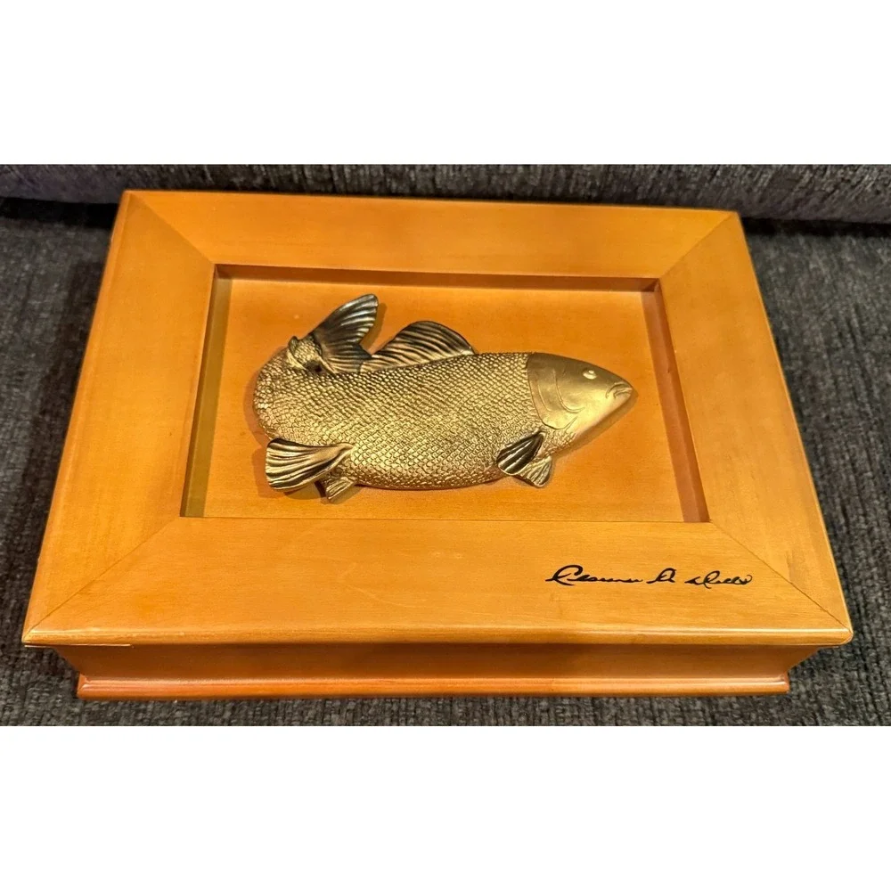 VTG Maple Wood Trinket Jewelry Box 3D Salmon Fishing Lid Clarence A Wells Signed